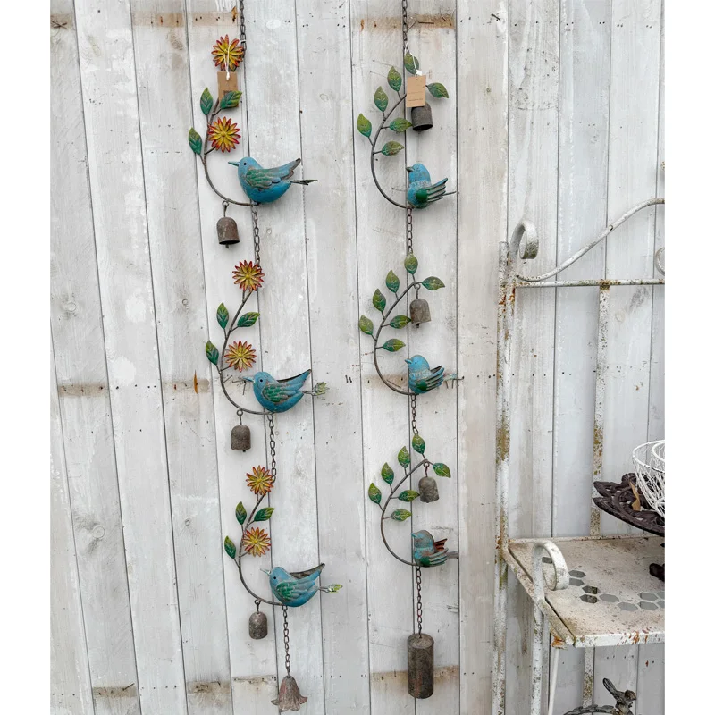 

Metal Garden Wind Chimes with Blue Birds, Decorative Hanging Bells with Flowers, Green Leaves, Rustic Outdoor Wind Bell，51inch