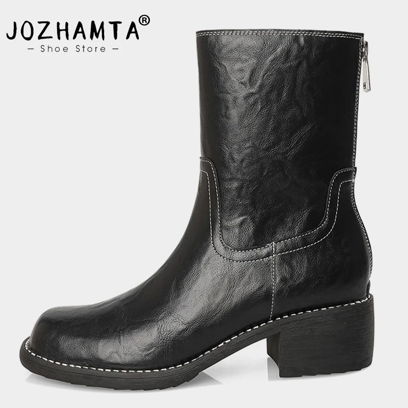 

JOZHAMTA Size 33-40 Women Ankle Boots Genuine Leather Thick High Heels Shoes Fall Winter 2024 Short Booties Chelsea Daily Dress