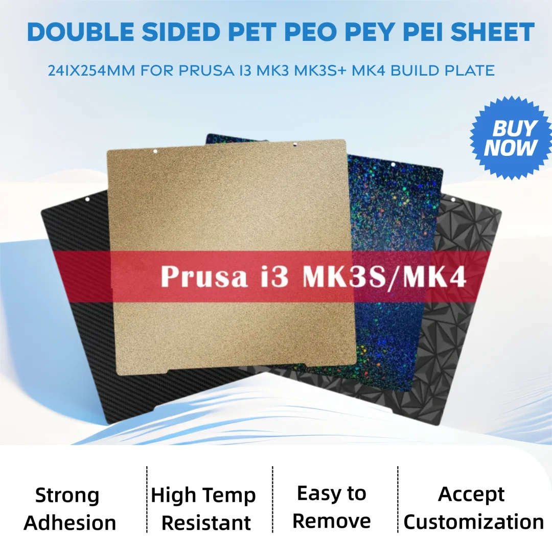 

241x254mm PEI Sheet for Prusa i3 MK3 MK3S+ MK4 Build Plate Spring Steel Sheet Double Sided PET PEO PEY PEI 3D Printer Heated Bed