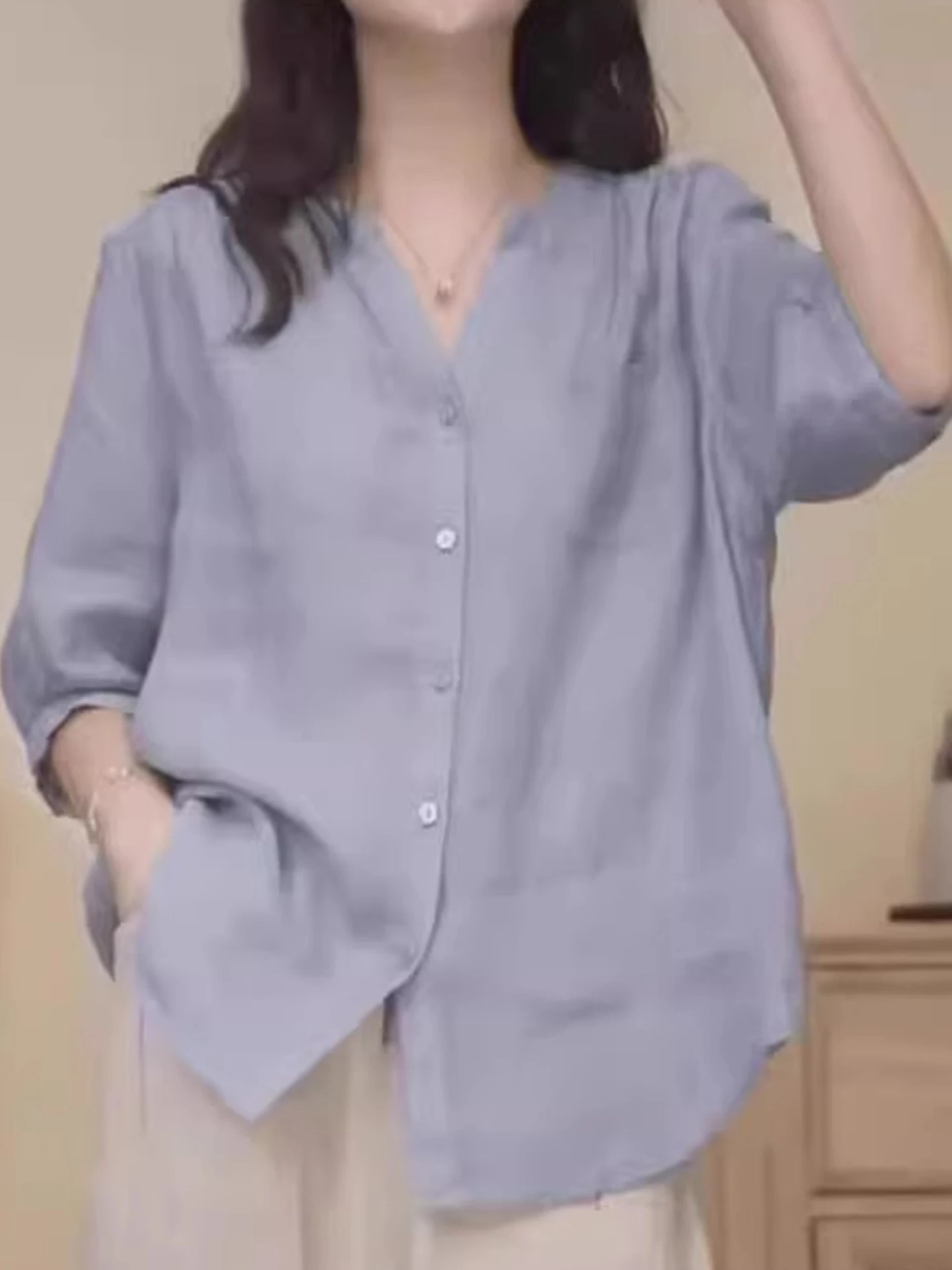 Csa de Chiffon Solta com Um Botão e Manga Sete, Estilo F Verão 2025, Design em Cor Pura, Top Trendy Versão Coreana ...