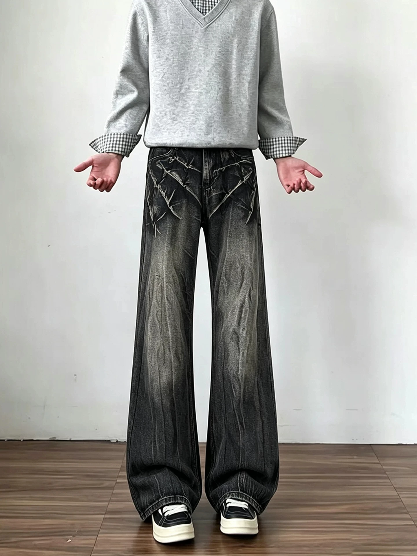 American Vibe Split Lightning Pattern Jeans Men's Gradual Wash Straight Leg Micro Flared Pants Casual Cotton Denim Jeans
