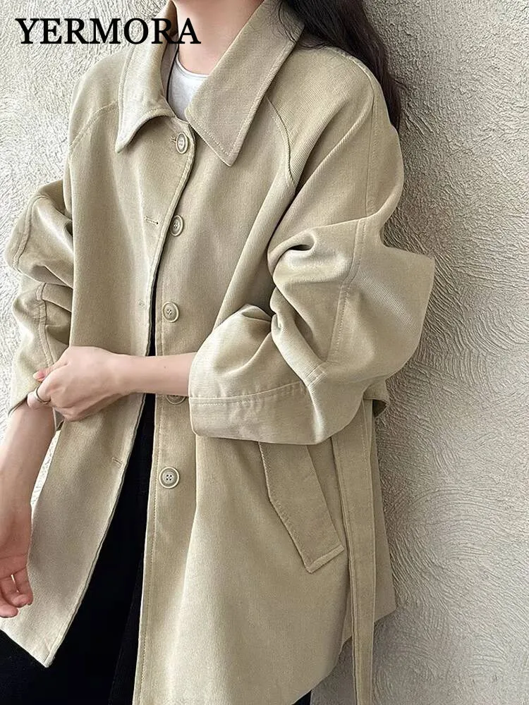 

YERMORA, зимняя новая кофейная вельветовая повседневная куртка на пуговицах для женщин, свободное новое теплое пальто с длинными рукавами и лацканами, модное пальто, осень 2025 г.