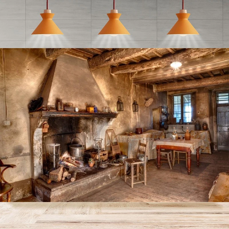 Old Farmhouse Kitchen Photography Backdrop Rustic Style Rural Interior Antique Inn Fireplace Background Home Party Backdrop Wall