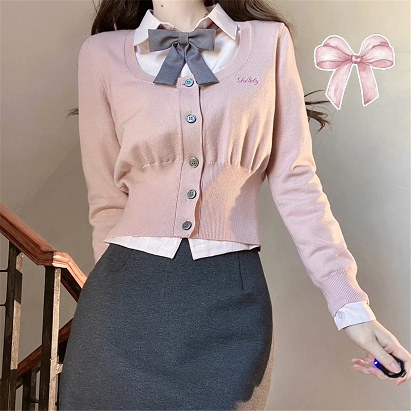 Spring 2024 Japanese Korean Uniform Sweater Cardigan Pink Sweet Girls Daily Casual JK Uniform Short Sweater Coat Slim Waist Top