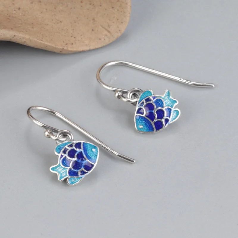 BOCAI 925 Silver Jewelry Accessories Braised Blue Drop Glue and Oil Drop Process Small Fish Earrings Fashion Gift