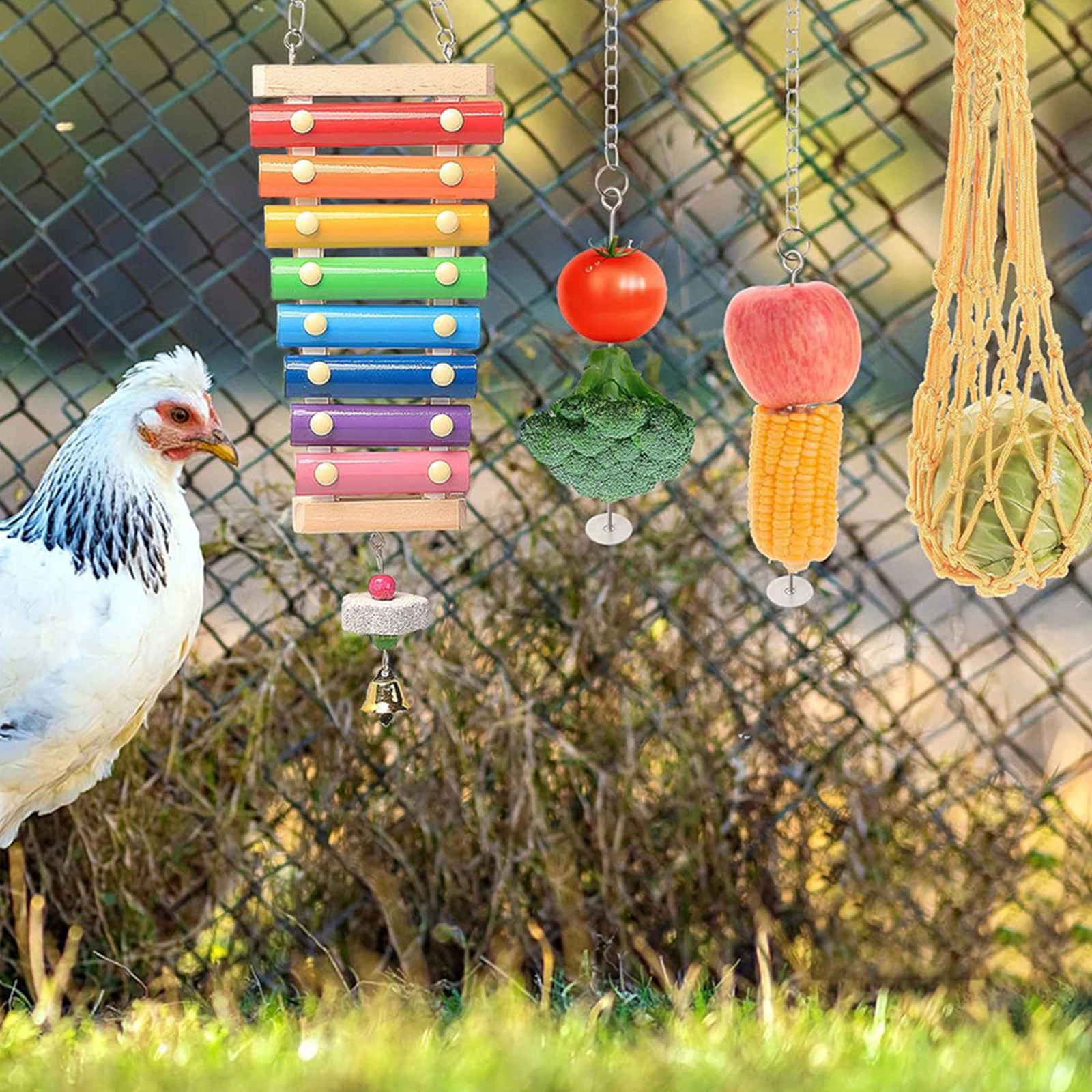 

7PCS Chicken Toy Set with Wooden Hanging Feeder Chewing Training Toy Parrot Playing Training Toys Rooster Hen Chick Toys