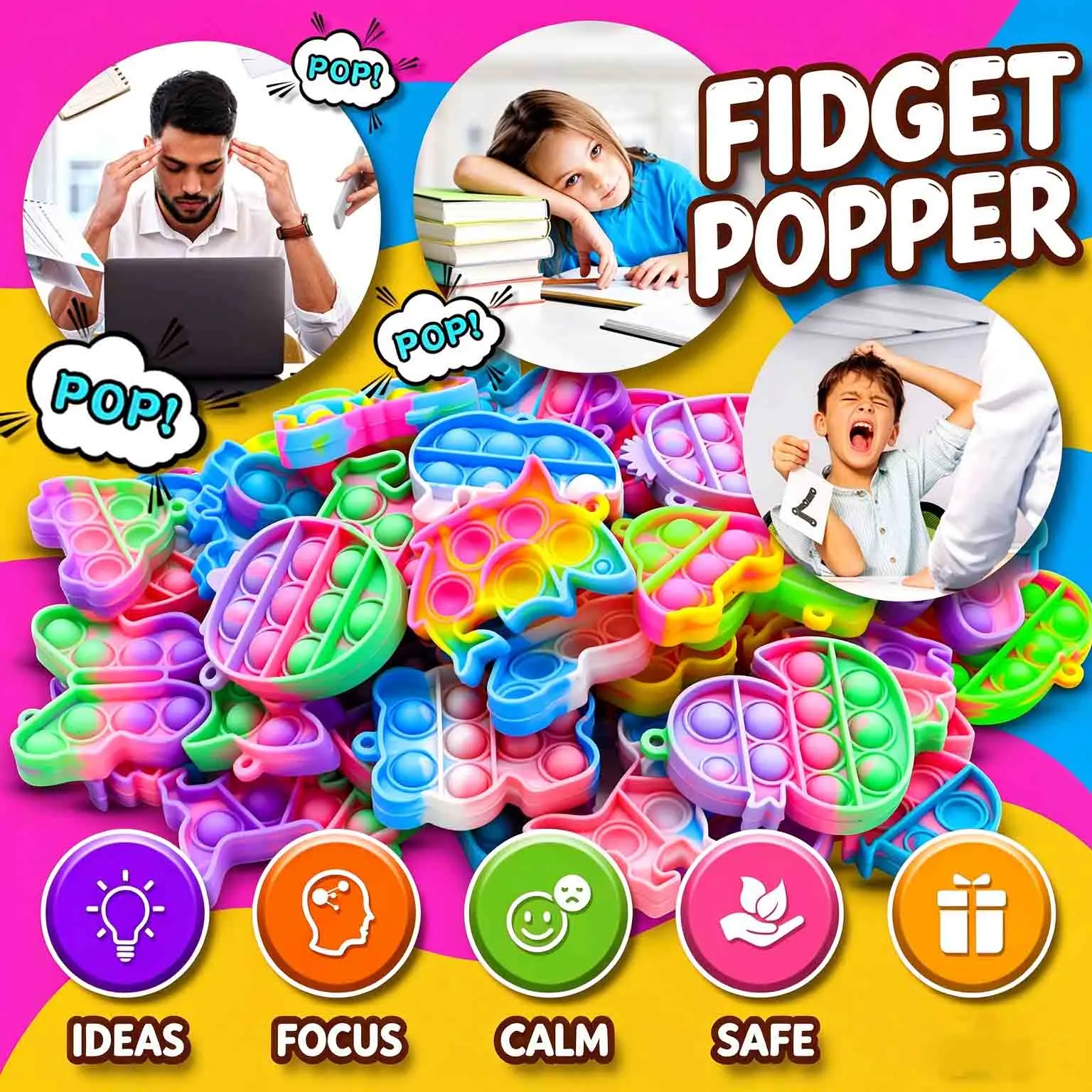6/12/24Pcs Rainbow Pop Fidget Keychain, Finger Press Bubble Relief Pendant Squishy Squishies Anti Stress Party Favprs Fidget Toy