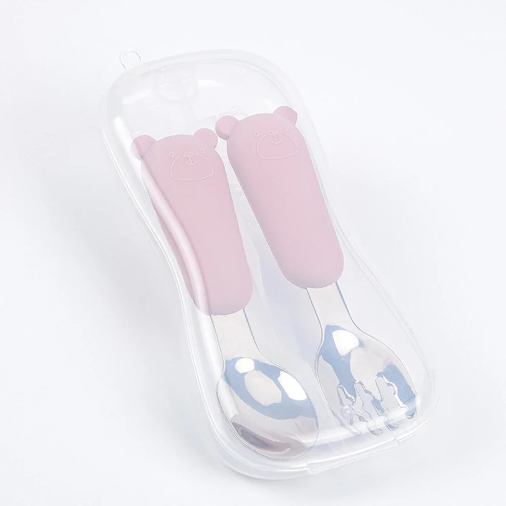 Roestvrijstalen bestek Vork Lepel Set Cartoon Siliconen Antislip Babyvoeding Voeden Servies Multifunctioneel Duurzaam Sztućce Set
