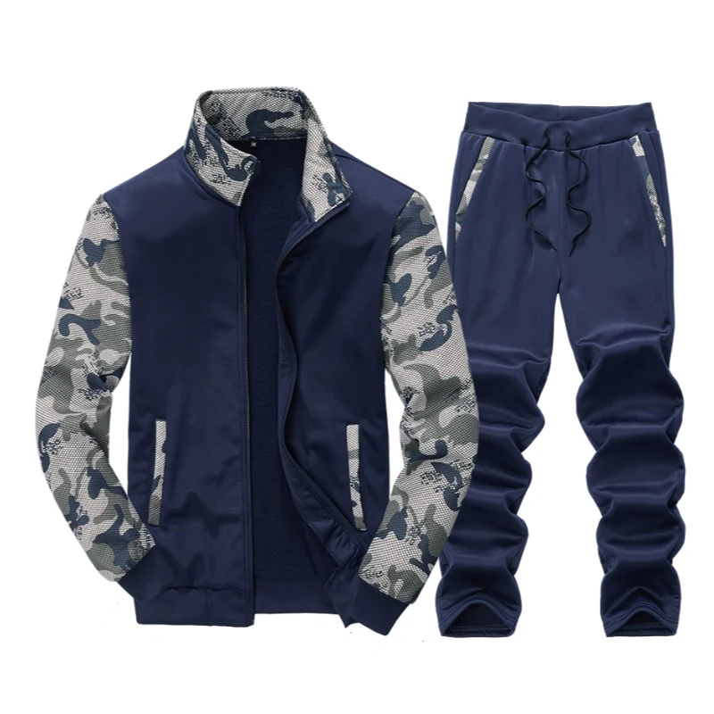 Men Camo Patchwork 2‑Piece Tracksuit Stand Collar Zip Jacket & Sweatpants Sports Suit