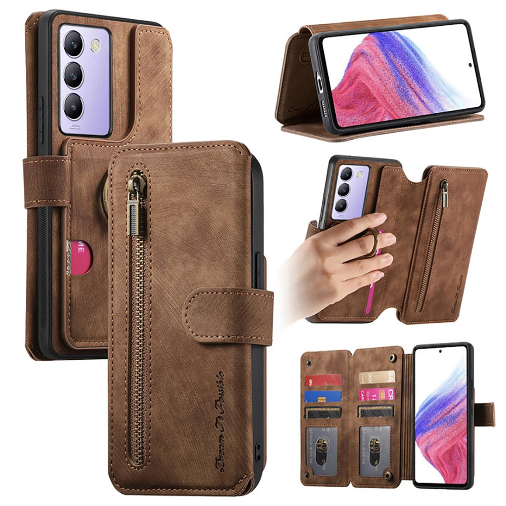

For Vivo V40 V30 V29 Lite 5G Zipper Wallet Leather RFID Case For Vivo V40 SE V30E V27E V25E V30 V29 V27 V25 Pro Luxury Cover