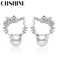 CHSHINE 925 sterling silver new woman Shambhala Super Flash Cubic Zirconia stone pearl earrings fashion kitten jewelry 8MM