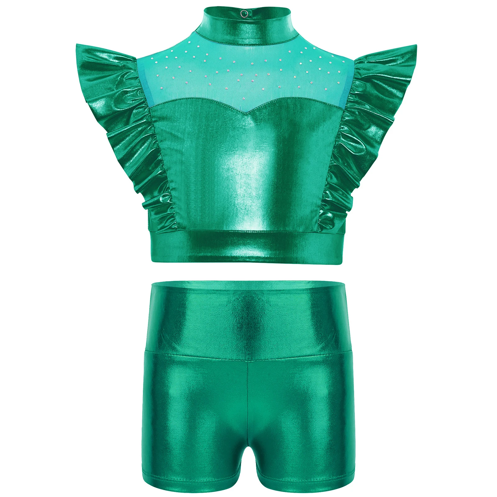 

Kids Girls Jazz Dance Outfit Fashionable Metallic Mock Neck Mesh Patchwork Sleeveless Crop Top with Shorts Set Street Dancewear