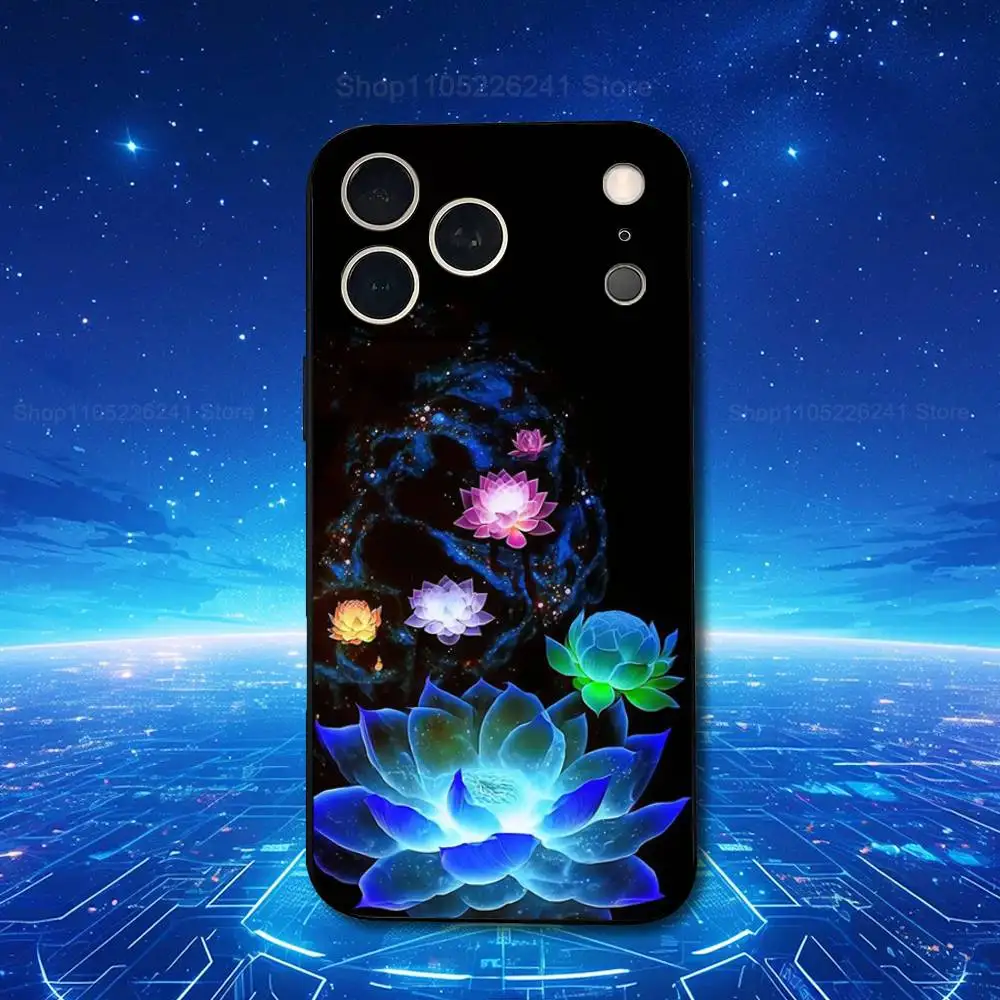 Funda Painting Art Lotus para iPhone 11,12,15,14,13,16,17,Plus,Pro Max,XS,X,XR,SE,Mini,8,7, silicona suave negra