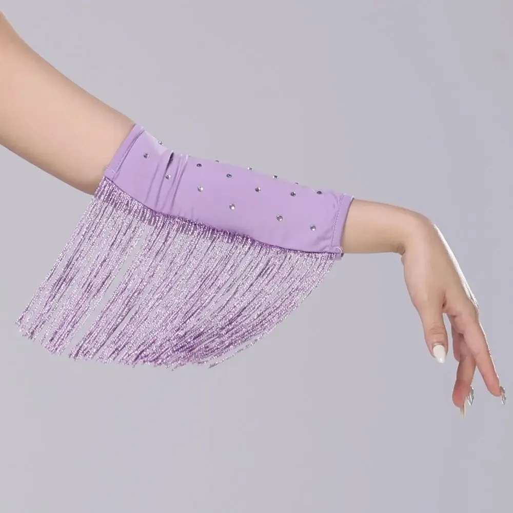 

Solid Color Latin Dance Arm Sleeves Drilling Rhinestone Elastic Rhinestone Dance Sleeves Lolita Thin Fringed Dance Sleeves