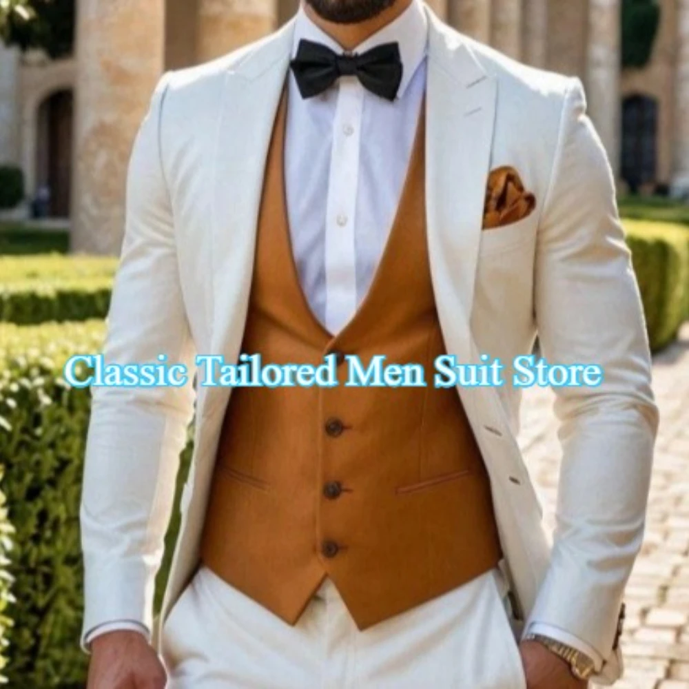 

Новый белый и желтый деловой мужской костюм для жениха, жениха, свадебной вечеринки, выпускного вечера, мужские смокинги, комплект из 3 предметов, пиджак, жилет, брюки