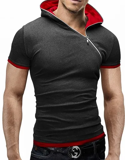 2023 New Men\'s Zipper Shirt Tops Tees Summer Cotton V Neck Short Sleeve T Shirt Men Fashion Hooded Slim T Shirts