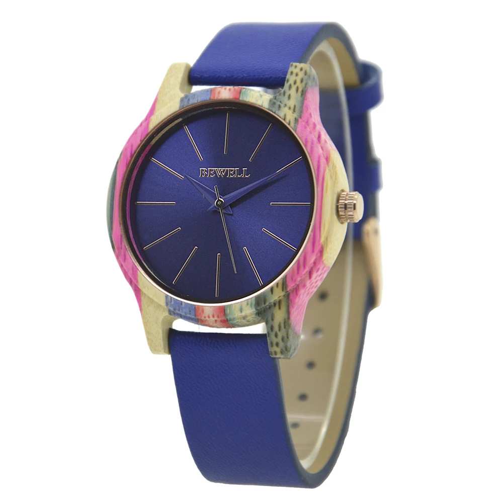 Neutral Large Dial Bamboo Wristwatch Dual Time Display Leather Band Buckle Lightweight Natural Bamboo Watch