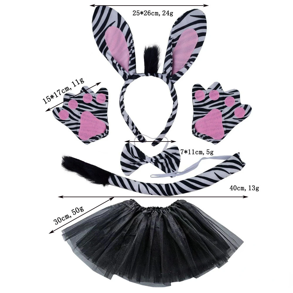 

Girls Kids Animal Zebra Ears Headband Bowtie Tail Tutu Costume Set Bow Tie Skirt for Halloween Cosplay Party