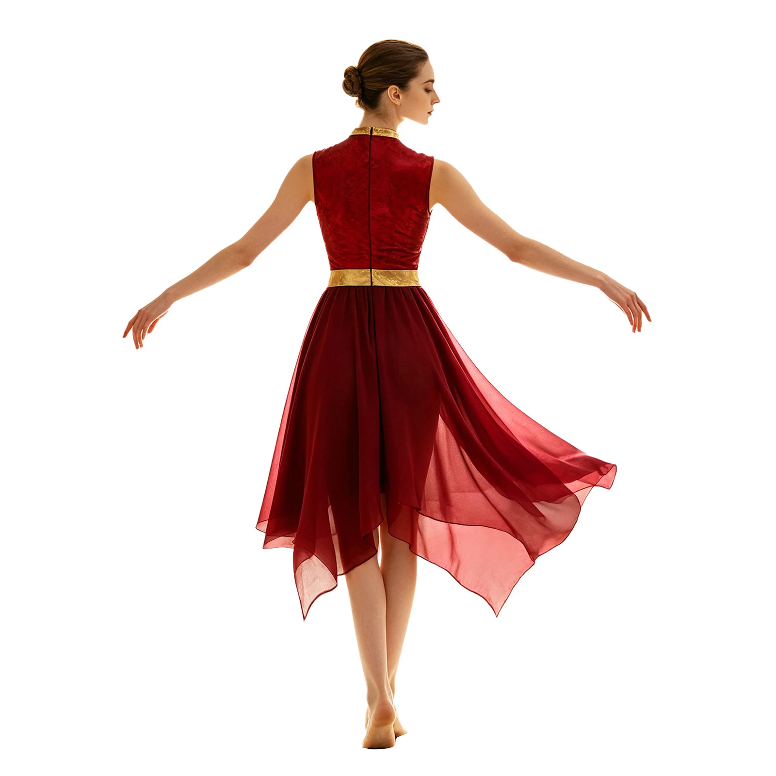 Damen-Lyrik-Tanzkleid, Kostüm für Gottesdienste und Lobgesänge, mit Metallic-Print, aufgesetztem Oberteil, Schlüssellochausschnitt vorne, ärmellos, unregelmäßiger Saum, Tunika-Kleid. – Detail 5