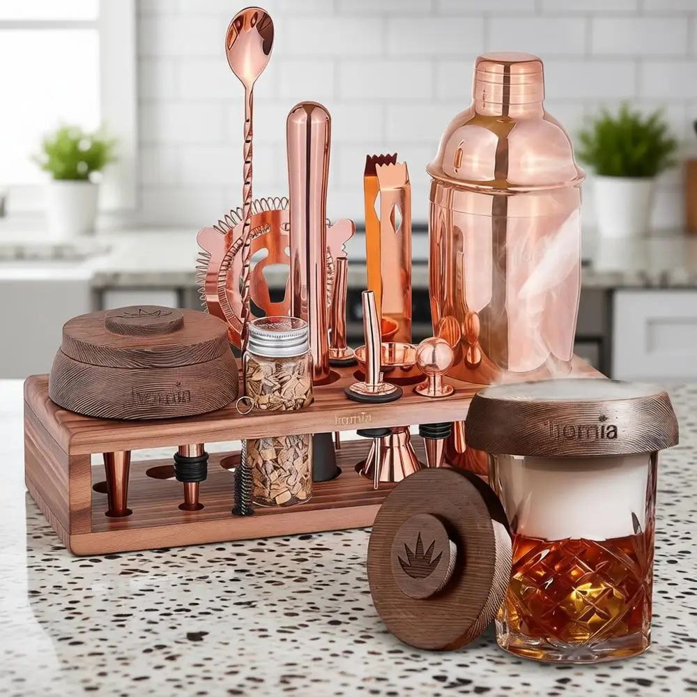 

Bartender Kit with Whiskey Smoker - 13 pcs, Pine Stand, Cocktail Shaker, Bartending Kit, Essential Bar Tools, Wood Chips, Pink G