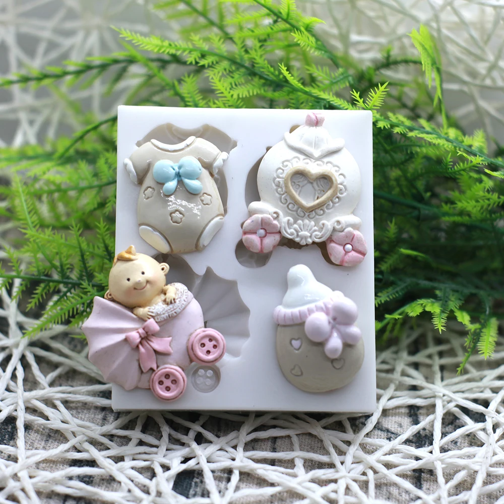 Mirosie Baby Series Baking Silicone Molds Cartoon Stroller Baby Bottle Foot Carriage Pacifier Rattle Silicone Fondant Cake Mold