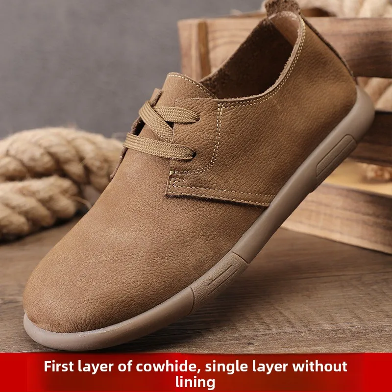 Retro Single-layer Leather Shoes British Casual First-layer Cowhide Men's Shoes Soft-soled Comfortable Big Head Leather Shoes