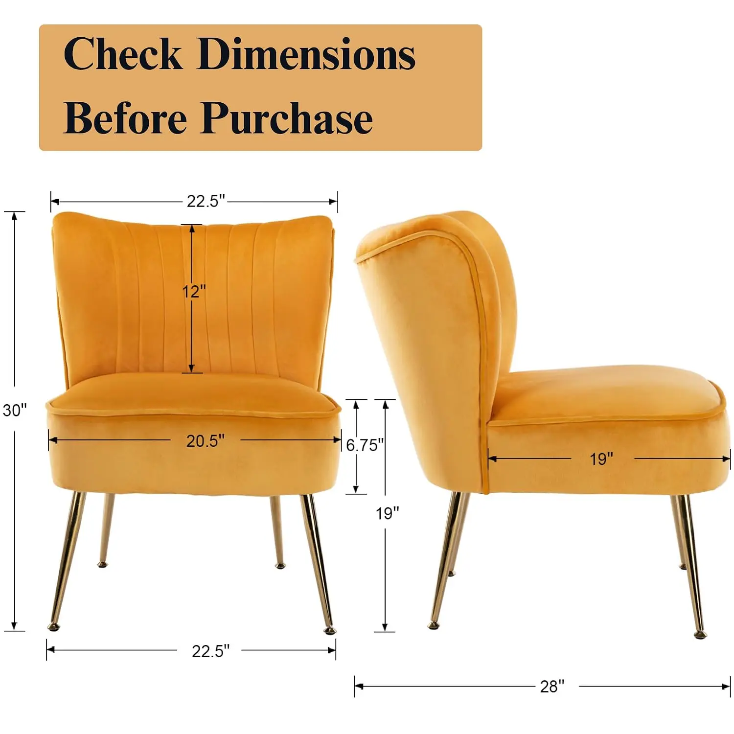Velvet Accent Chair Set 2 Comfy Living Room Armless Slipper Mid Century Side Sofa Golden Legs Wingback Bedroom Guest Yellow, Cus