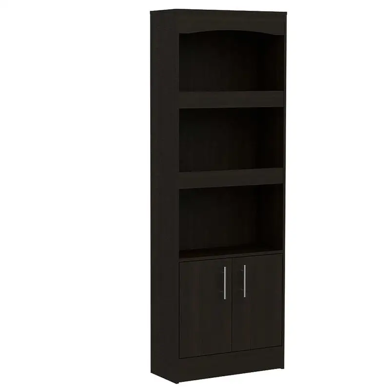 Three-Shelf Bookcase with Double Door Cabinet Storage Unit