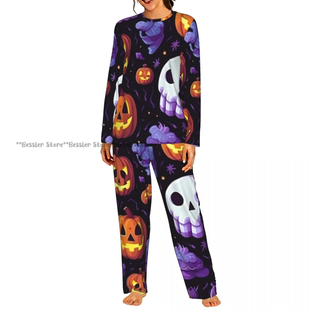 2 Piece Loungewear Women Pajama Sets Pumpkins Ghosts Bats And Candles Soft Homewear Sleepwear Long Sleeve Nightwear