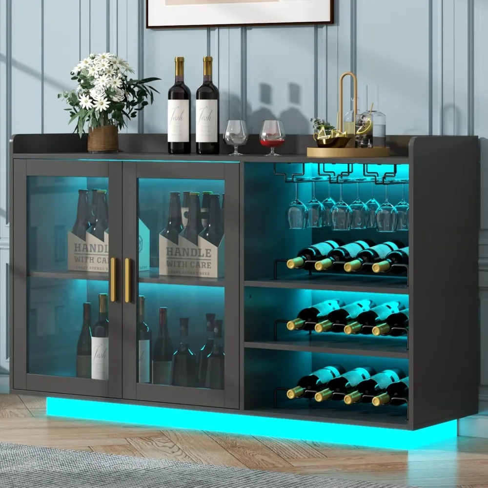 

Wine Bar Cabinet with LED Lights, Floating Coffee Bar with Glass Rack and Removable Wine Racks, Modern Buffet Sideboard with St