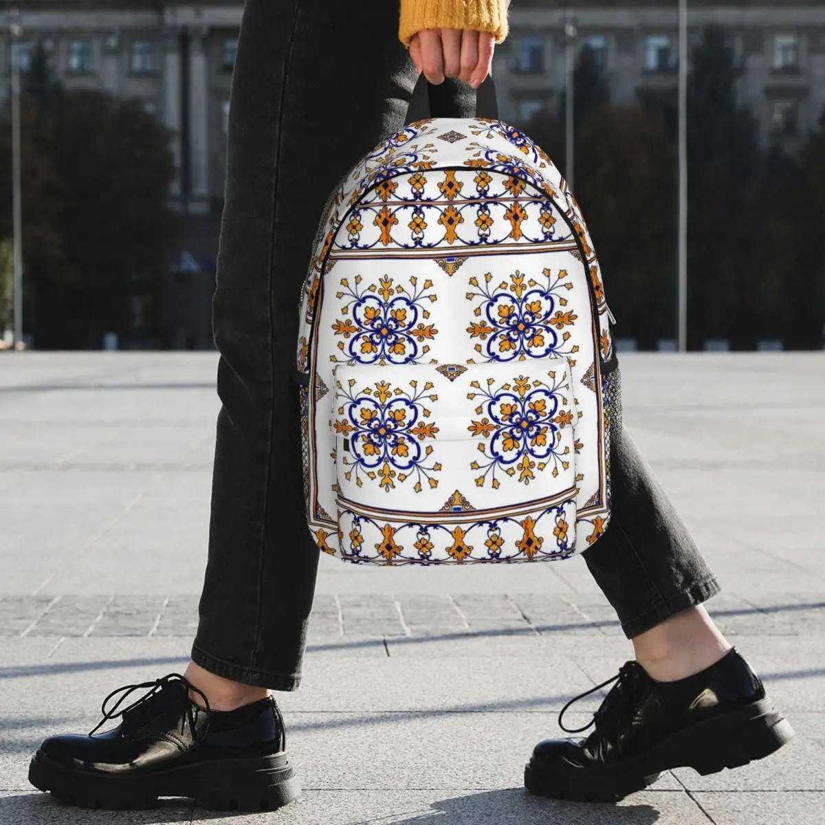 Traditional Portuguese Azulejo Blue Orange Floral Tile Pattern Backpack BookBag Men Women School Bag Computer Shoulder Bags