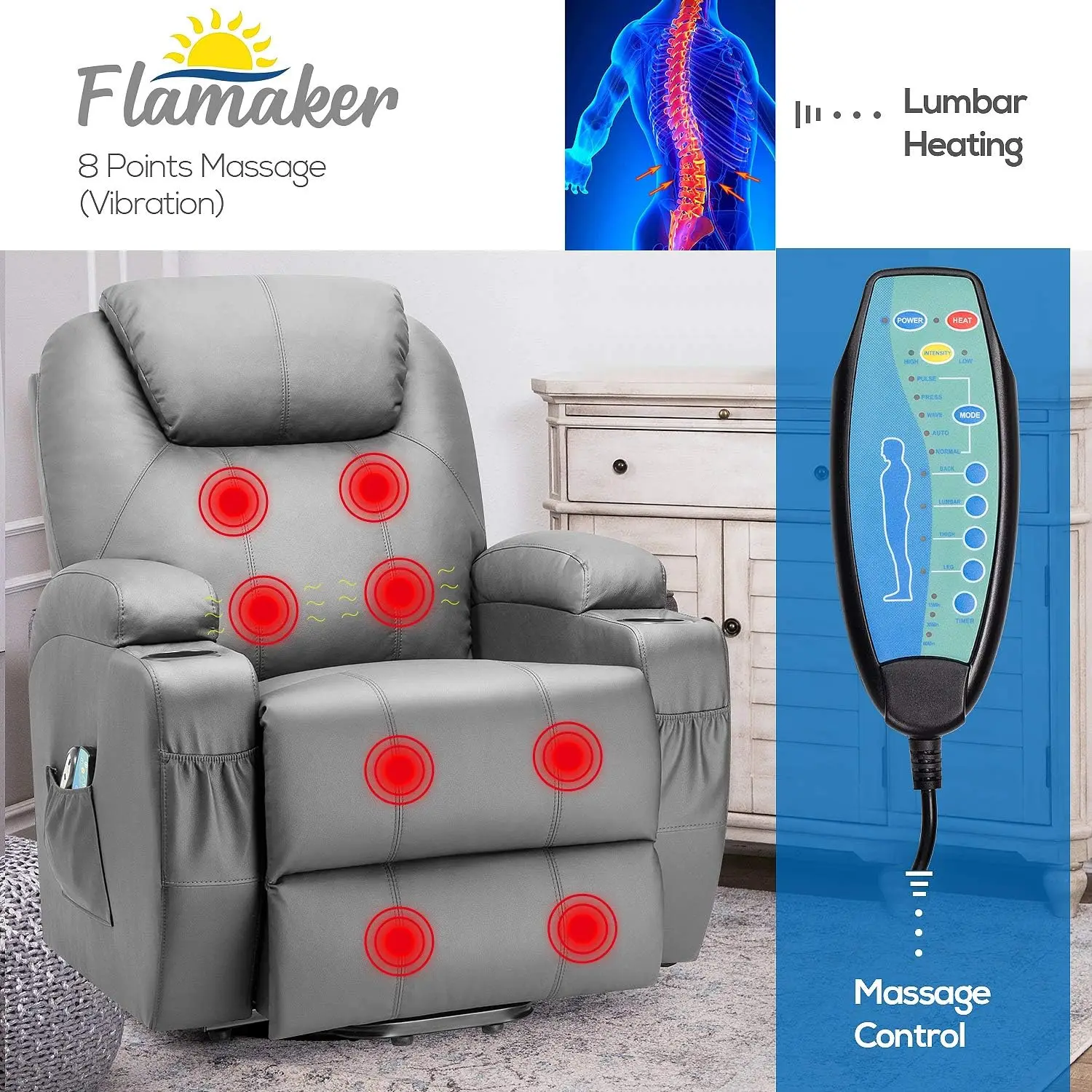 Power Lift Recliner Chair PU Leather for Elderly with Massage and Heating Ergonomic Lounge Chair Classic Single Sofa wi