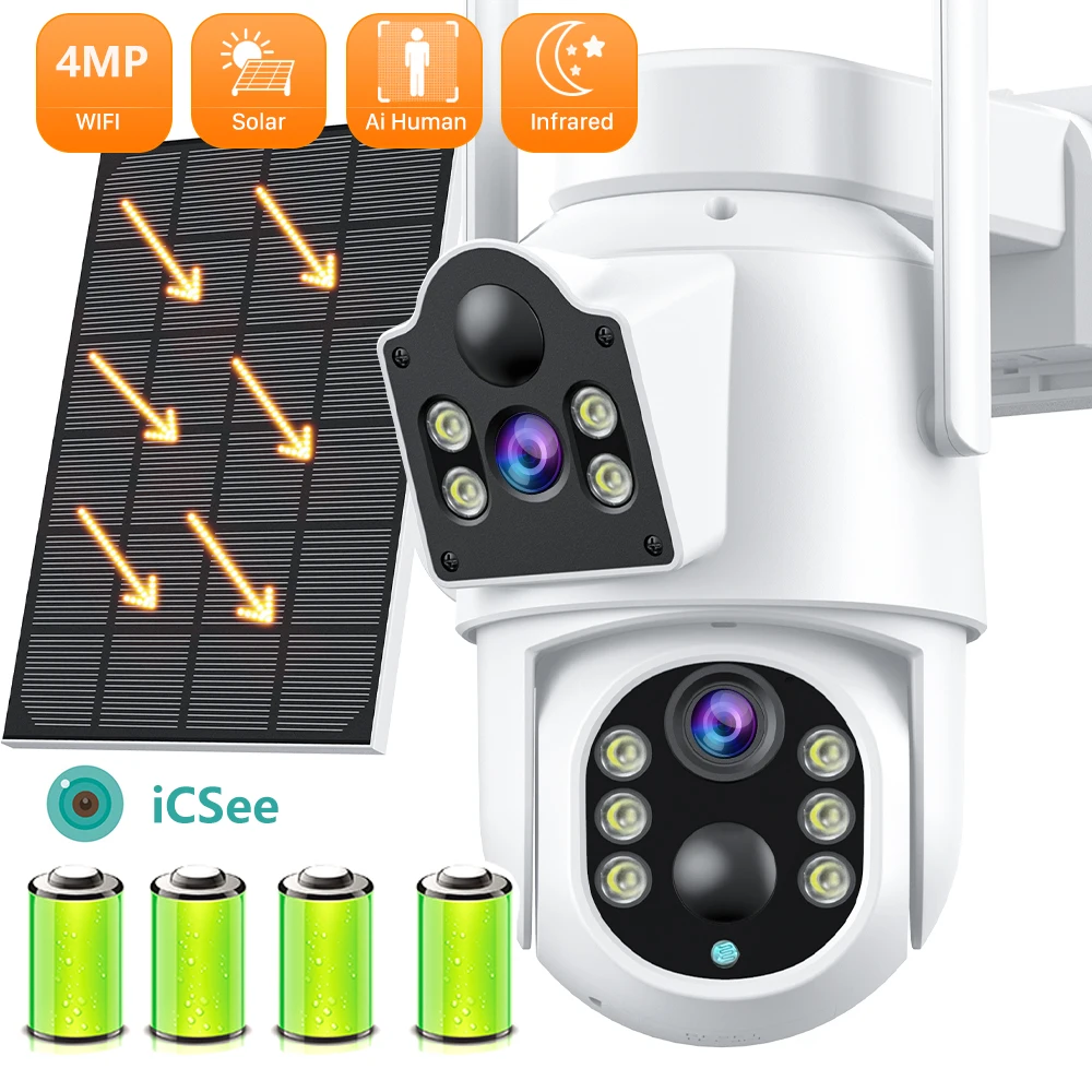 Solar Battery Wifi Camera Dual Lens Dual Screen Outdoor Security Protection PTZ Camera PIR Ai Human Detection CCTV icsee APP