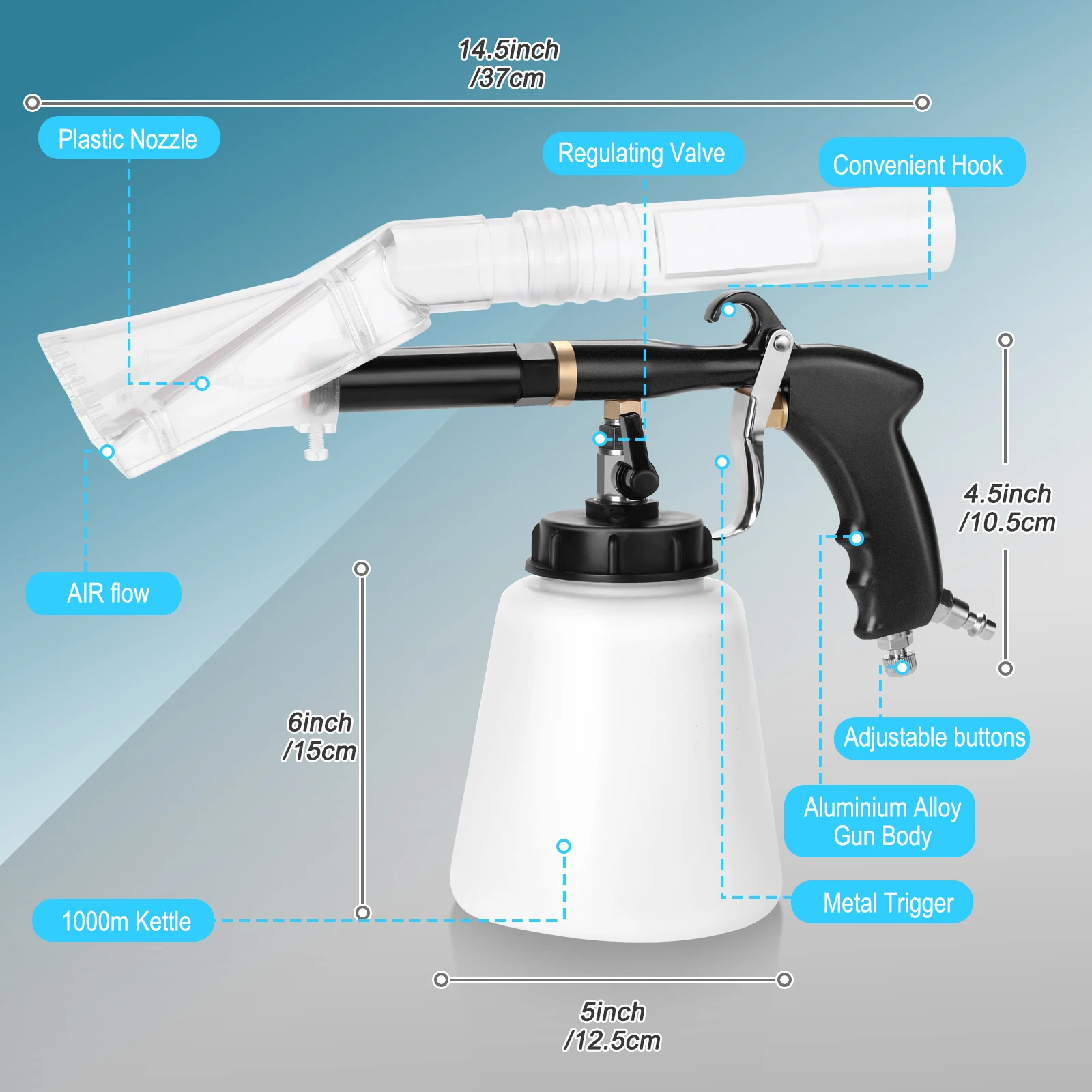 （2 in 1 design,clearn&vacuu together）High Pressure Car Cleaning Gun with Suction Hood Auto Interior Adjustable Air Duste