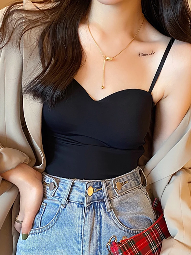 

Summer Women's White Top Sleeveless Thin Straps Camisole Solid Color Tank Top with Cups Summer Silk Comfortable Sling