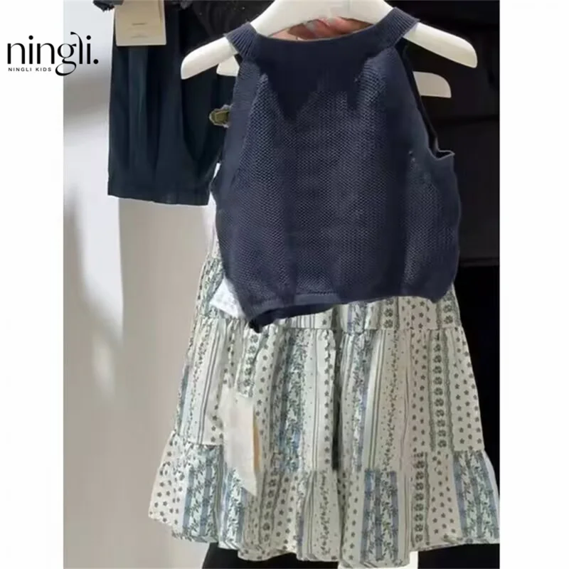 

Girls' children's clothing set26Spring and summer fashionable and sophisticated knitted vest for girls, children's ethnic-style