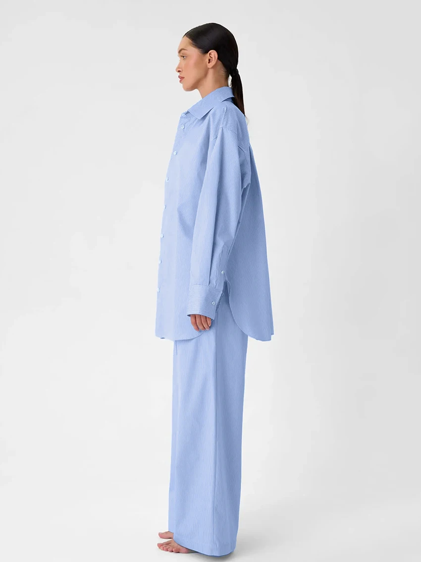 Marthaqiqi Striped Female Nightgowns Set Long Sleeve Nightwear Turn-Down Collar Pajama Pants Causal Women Sleepwear 2 Piece Suit