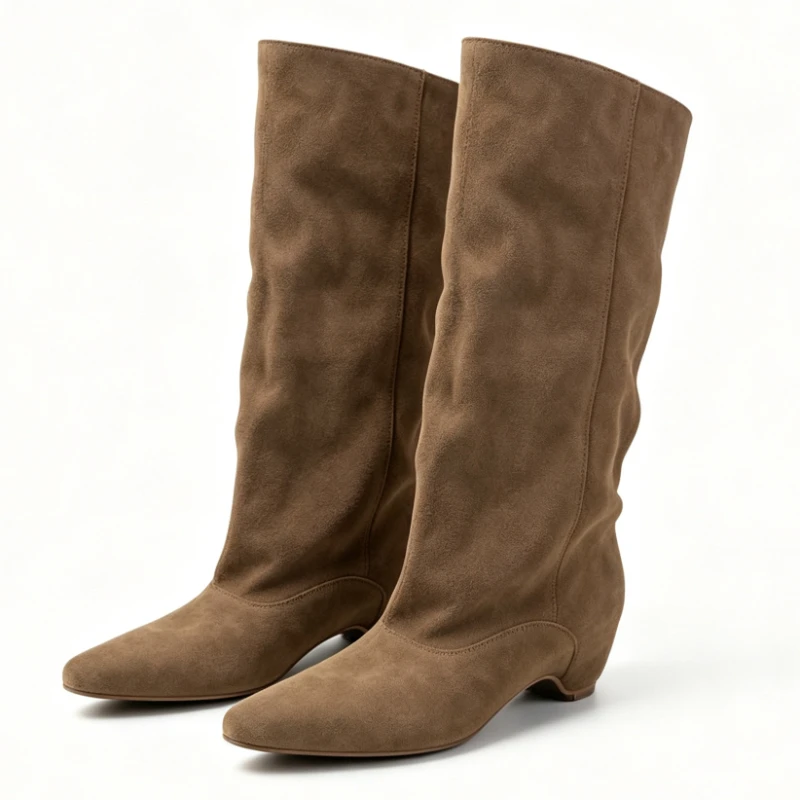 Retro Brown Cow Suede Mid-Calf for Women Boots Fashion Pointed-Toe Wedge-Heel Platform Boots Street Style Motorcycle Boots Botte