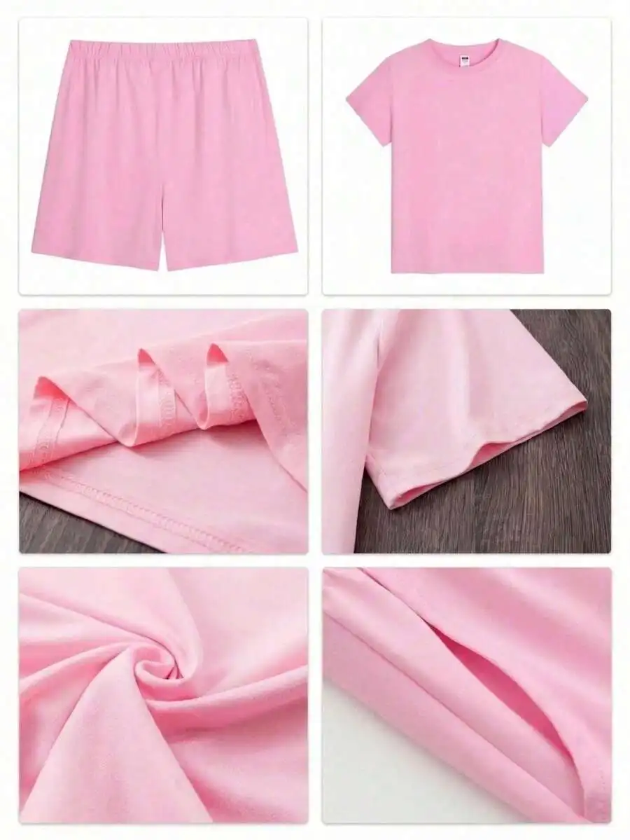 

Womens 2-Piece Pink Pajama Set Short Sleeve Crew Neck Top Elastic Waist Shorts Soft Comfortable Loungewear