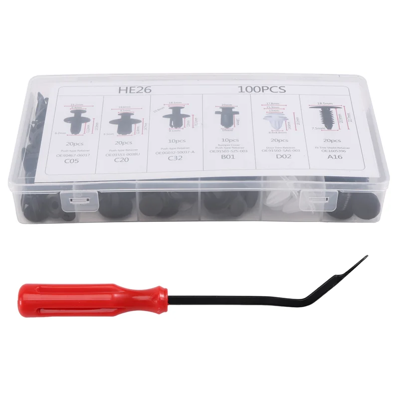 Pop 100Pc Plastic Rivets Fastener Fender Bumper Push Clips W / Removal Tool For Honda Ford Chrysler Toyota