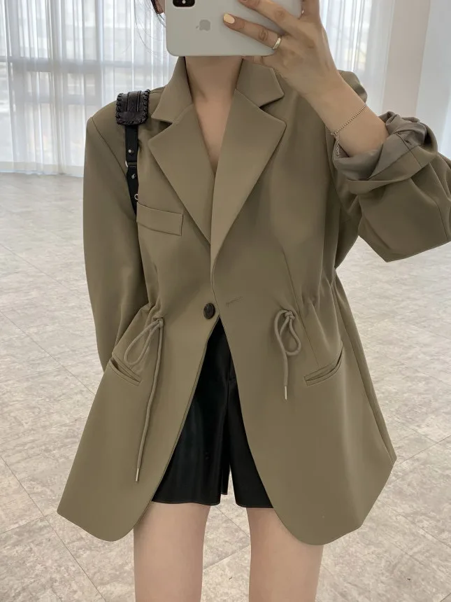 

Chic Autumnal Vintage High-End Feel Lapel One-Button Dstring Waist-Cinching Long Sve Suit Jaet for Women