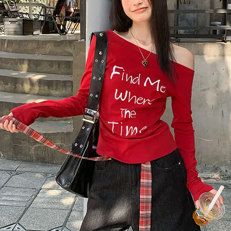 

Stylish Off Shoulder Slim T-shirts Autumn New American Letter Printed Women's Clothing Skew Collar Casual Long Sleeve Pullovers