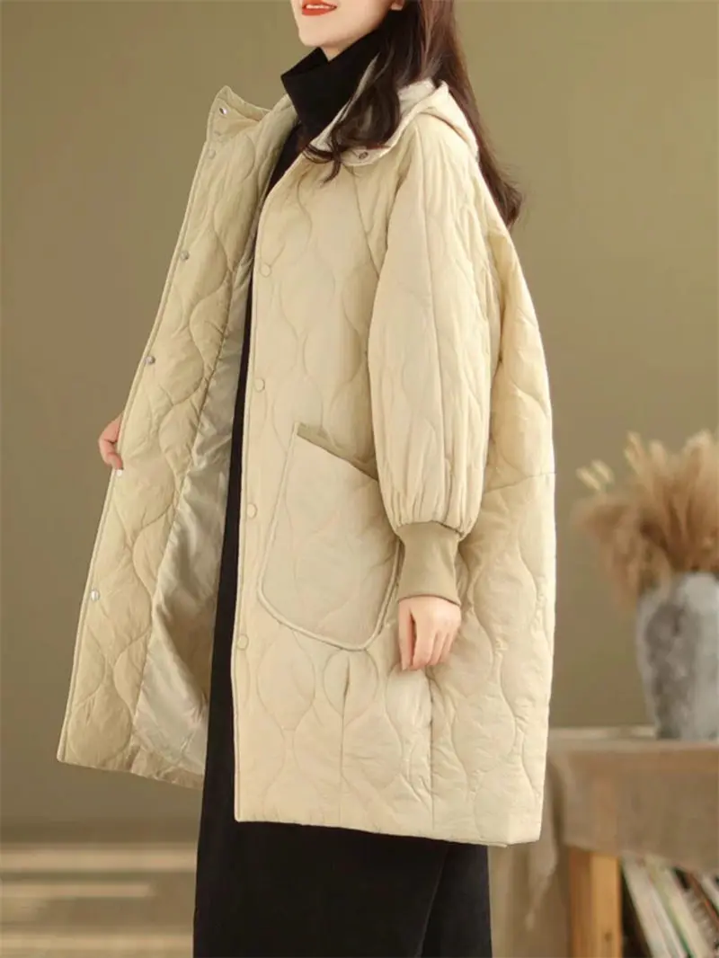 2023 Winter Oversized Mid length Down Cotton Coat Korean Edition Loose Hooded Warm Padded Jacket For Women Casual Overcoat Z4202