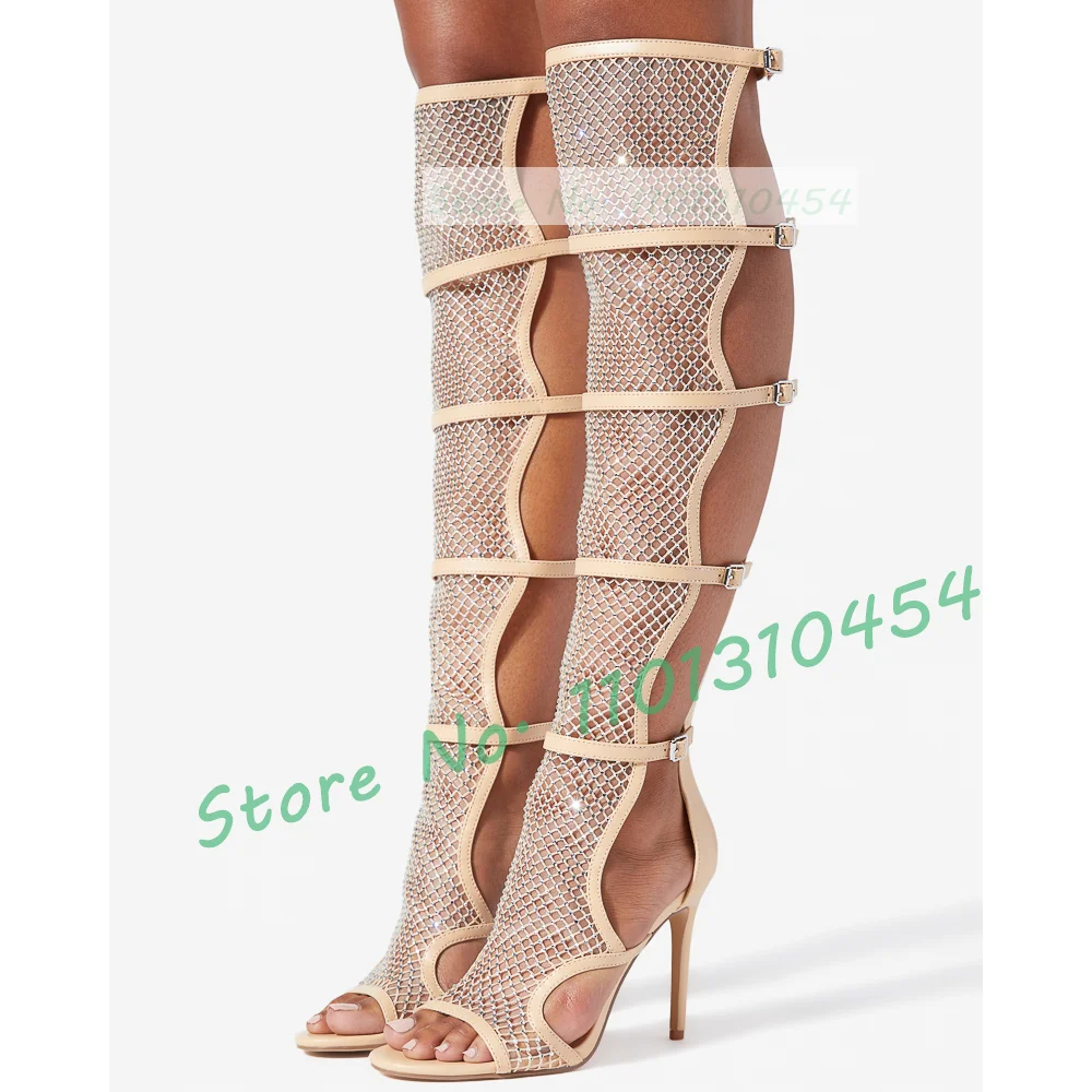 Crystal Mesh Long Sandals Women Summer Belt Buckles Puttee Shiny High Heels Ladies Casual Party Nude Sexy Feminine Peep Toe Shoe