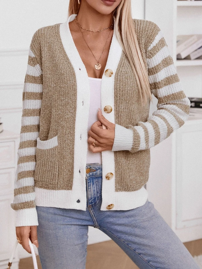 

Autumn New Fashion Striped Button Knitted Cardigan for Women Clothing Temperament Women's Casual Versatile Loose Sweater Coat