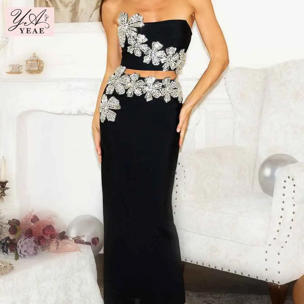 2024 New Women\'S Black Sexy Strapless Shiny Diamond Flower Two-Piece Short Top+Long Skirt Tight Party Bandage Set