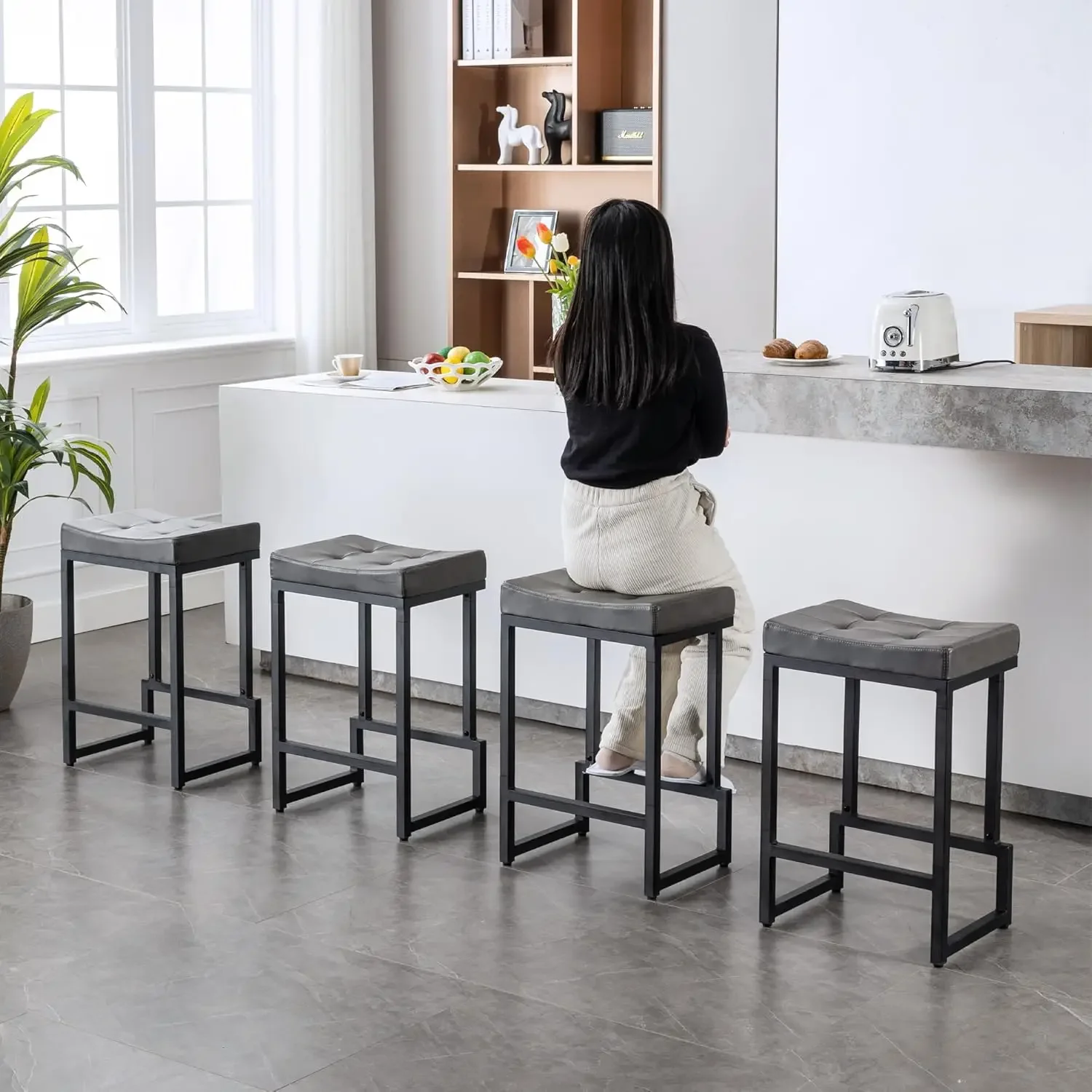 Set of 3 24 Counter Height Saddle Barstools, Backless Faux Leather Kitchen Island Stools with Metal Base