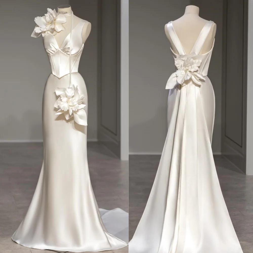 Robe de cocktail froncée à fleurs en satin, robe trapèze à col en V, robes longues sur mesure, perlage, occasion