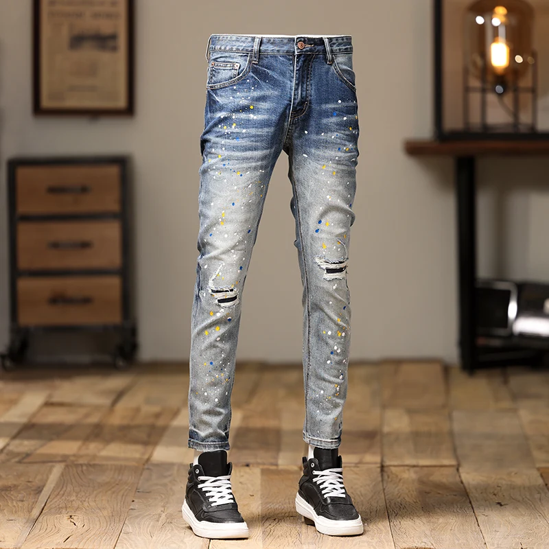 High Street Fashion Men Jeans Retro Light Blue Stretch Skinny Fit Ripped Jeans Men Painted Designer Patched Hip Hop Denim Pants