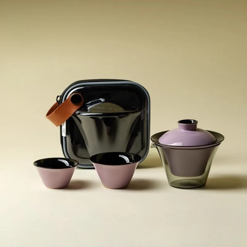 

Ceramic travel tea set portable car fast customer cup outdoor camping tea brewing one pot two cups